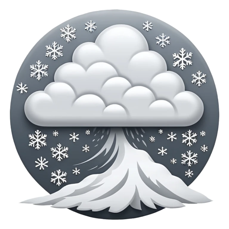 A powerful blizzard  storm cloud with heavy swirling snow, strong wind lines, flying snowflakes, dynamic motion. White and gray tones, bold but simple shapes. sticker