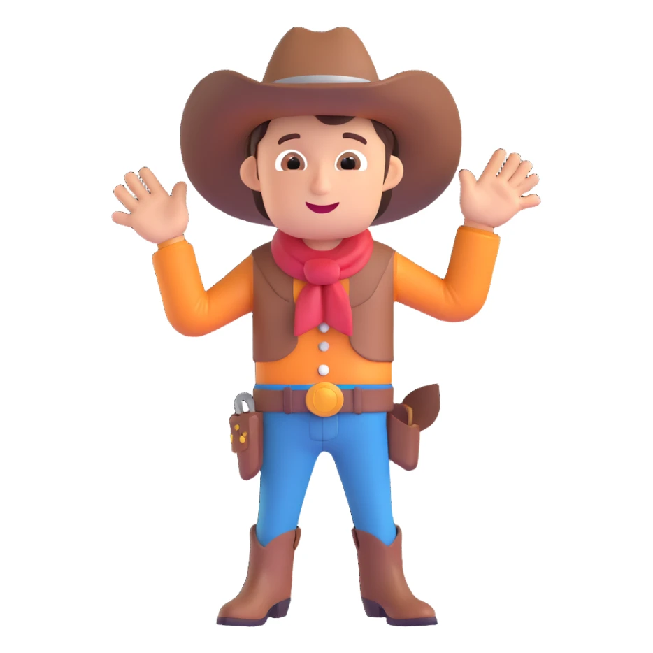 playful cowboy with round features, 3D emoji style sticker