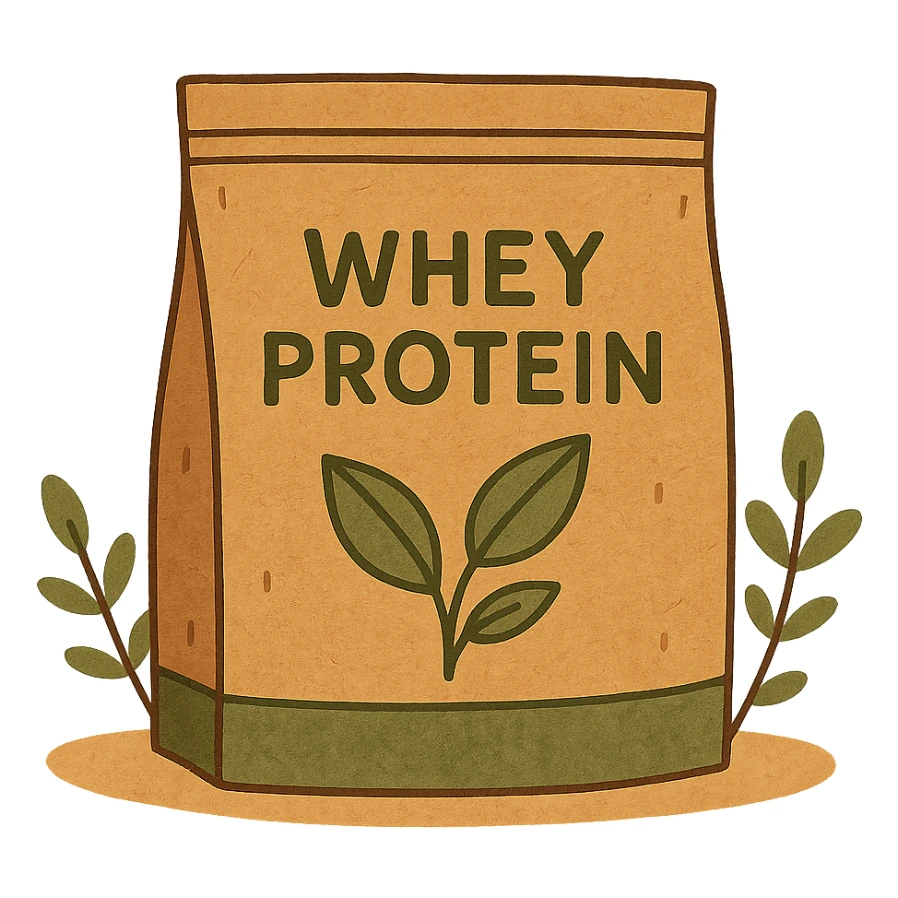 whey protein pouch, eco-friendly look, kraft paper texture, green accents, leaf icon, natural feel sticker