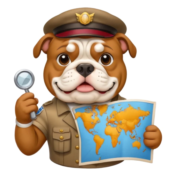 English bulldog with a tour guide badge and map sticker
