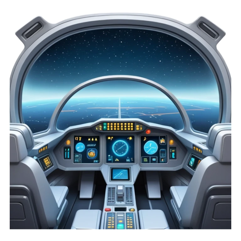 spaceship cockpit interior view with dashboard and stars visible through window sticker