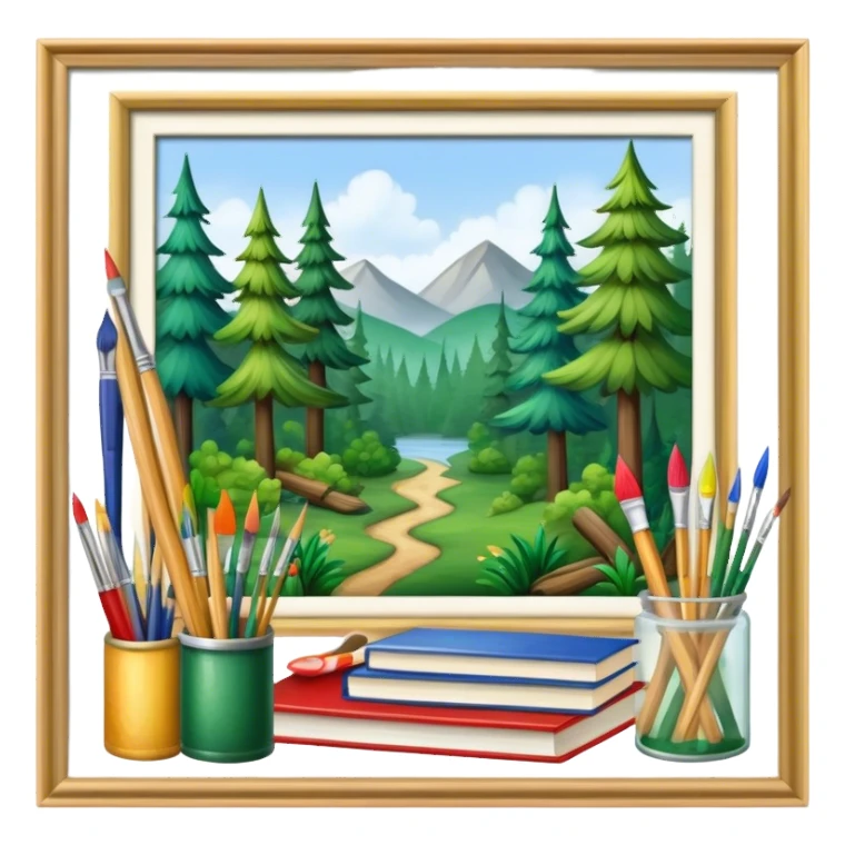 forest where trees a painting brushes, paints, pencils, books sticker