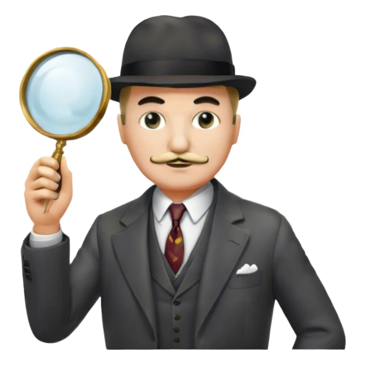 A cinematic-style frame showing Hercule Poirot in his iconic suit with a magnifying glass in a dramatic detective pose. Background should be mysterious city background and subtle clues like fingerprints or a crime scene. Transparent background. sticker