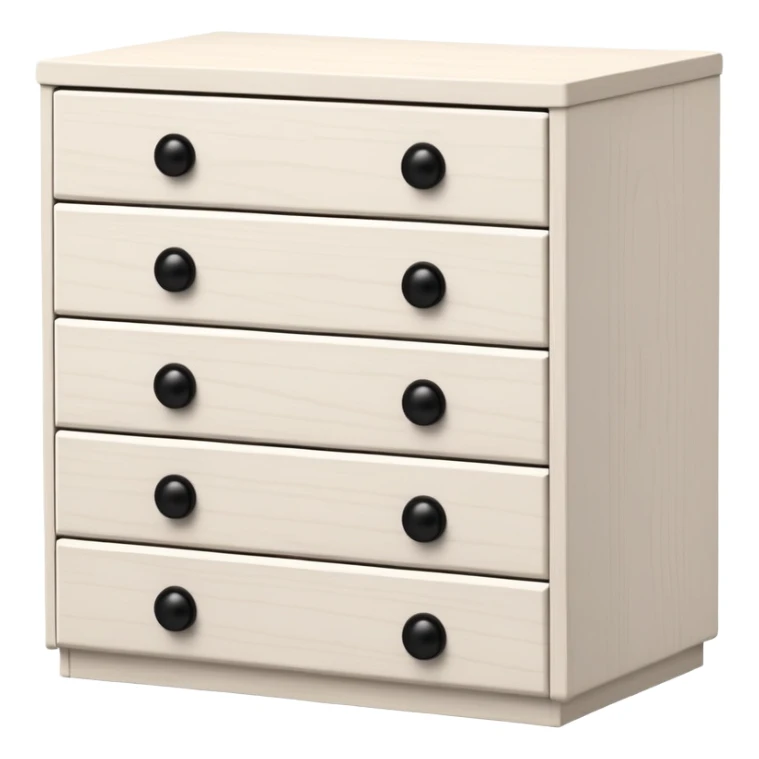 IKEA-inspired really deep white 6-drawer chest, one tiny black knob per drawer, stacked sticker