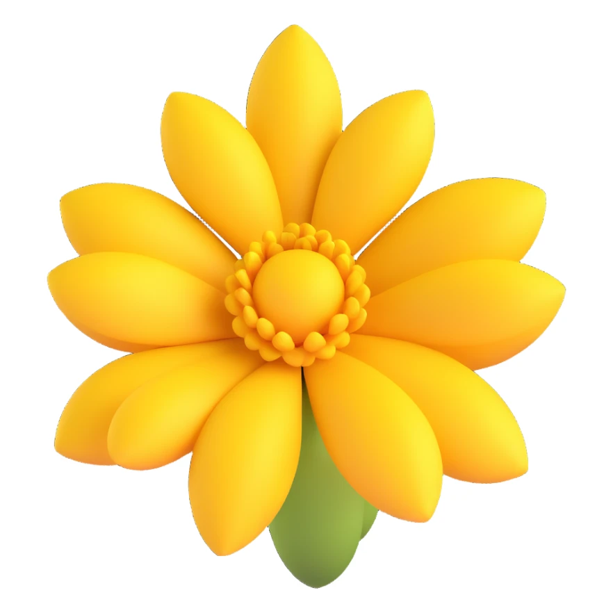 3D iOS cartoon style illustration of a yellow flower with voluminous, soft, and playful look. Emphasize rounded, dimensional shapes and bright colors typical of iOS emojis. Keep it natural and expressive without any smiles or faces or anthropomorphic features. sticker