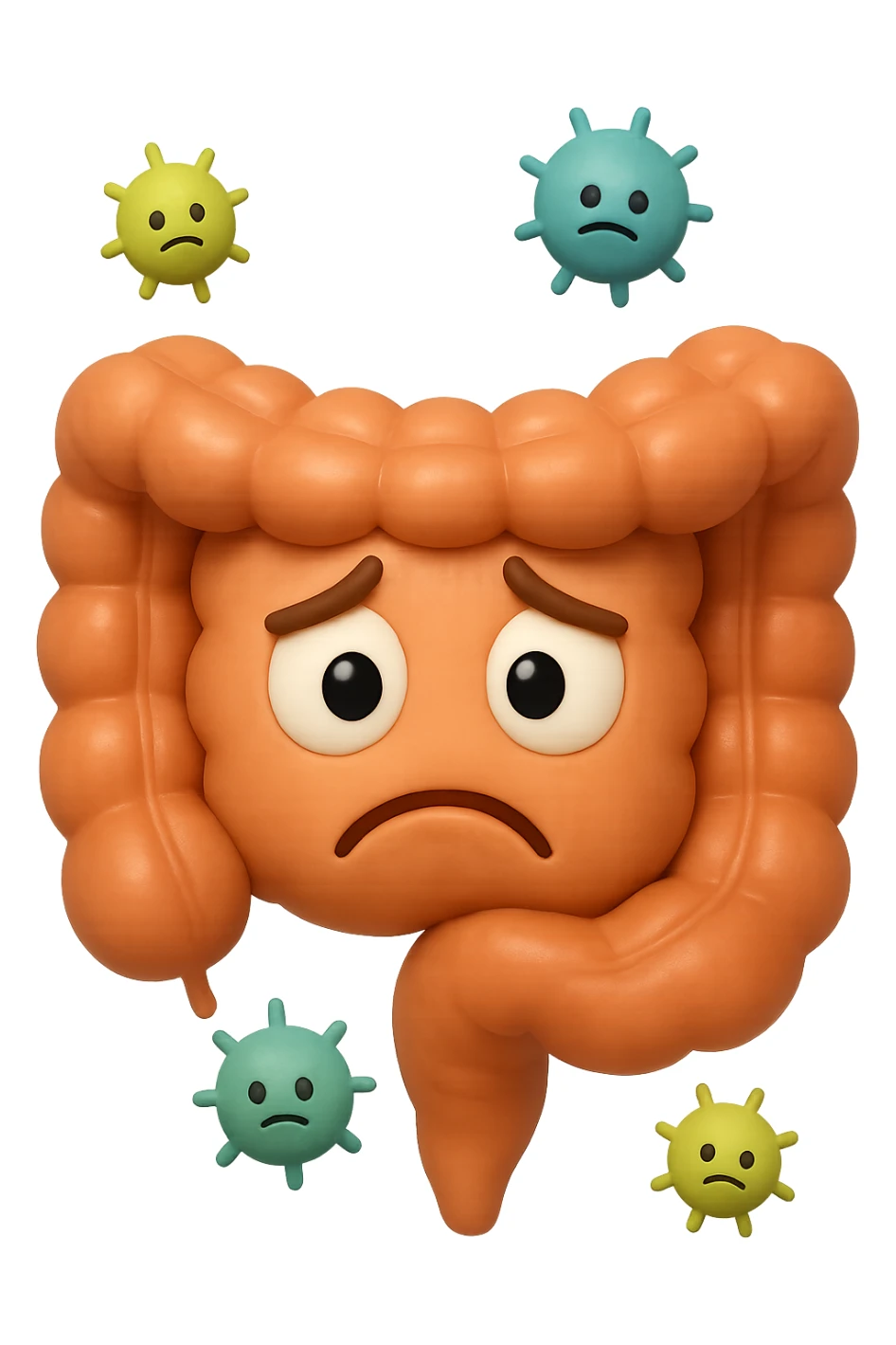 EMOJI STILE IPHONE 3D DI INTESTINO 3D CON ESPRESSIONE TRISTE  IN VOLTO MENTRE SOPRA LUI FLUTTUANO BATTERI, FAGLI ANCHE LA PARTE BIANCA DEGLI OCCHI, NON SOLO LA PUPILLA sticker