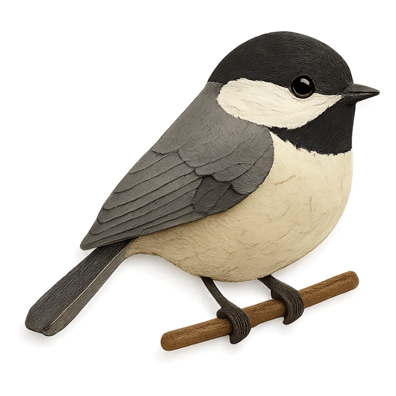 Carolina Chickadee on a branch, layered paper details, realistic feather patterns, black cap and bib, pale underparts sticker