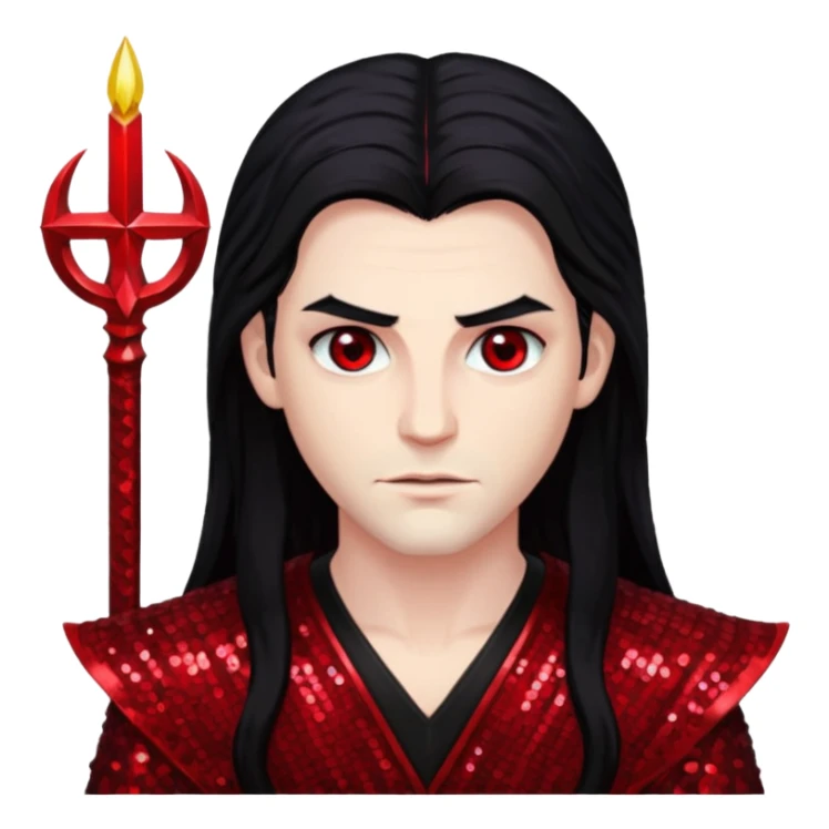 Lucifer from The Bible with long black hair, dark red sequin outfit sticker