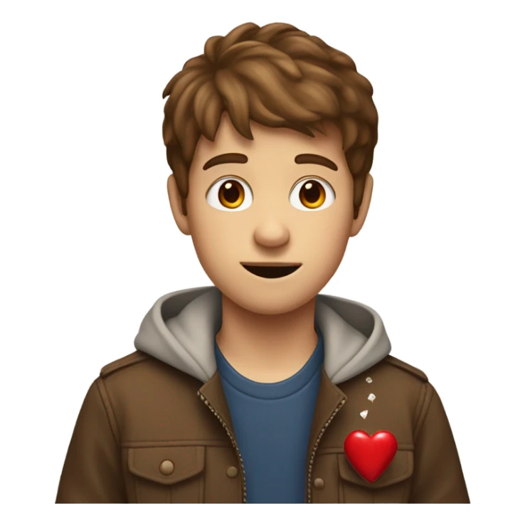 Brown haired boy holding a small ketchup packet with red hearts where his eyes are  sticker
