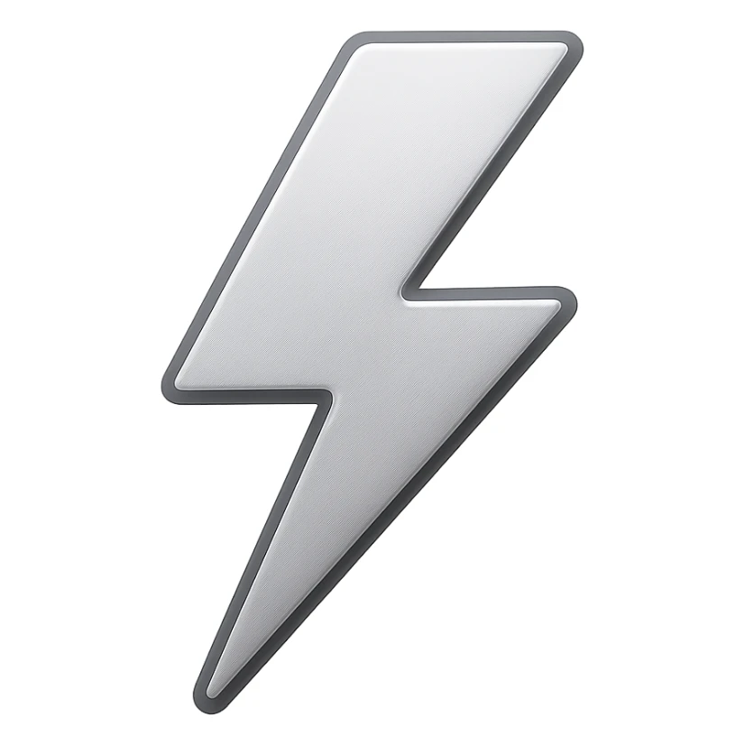 flat silver lightning bolt emoji, monochrome metallic palette, clean vector lines, slight inner shadow for depth, iOS emoji style, 512x512 pixels sticker