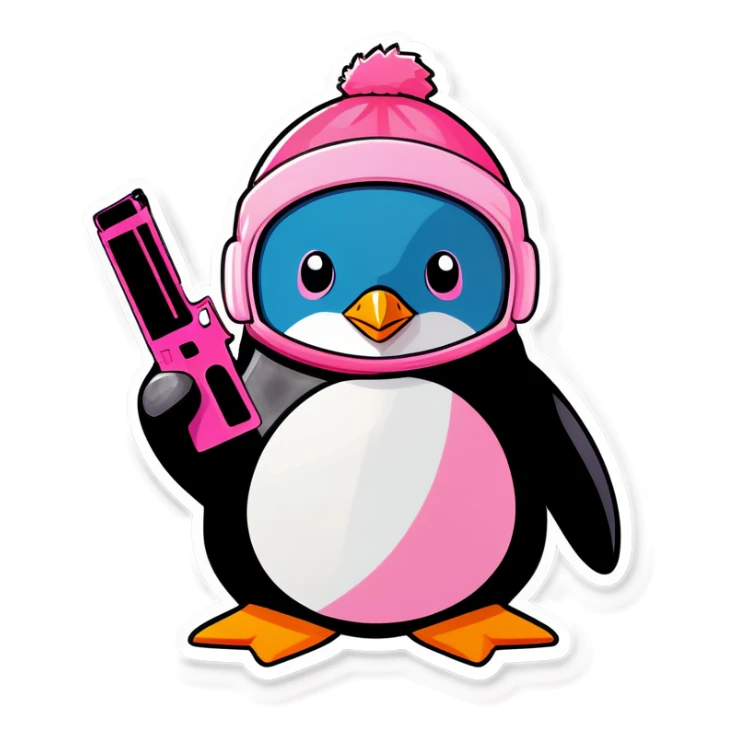 penguin wearing light pink ski mask holding a light pink gun sticker