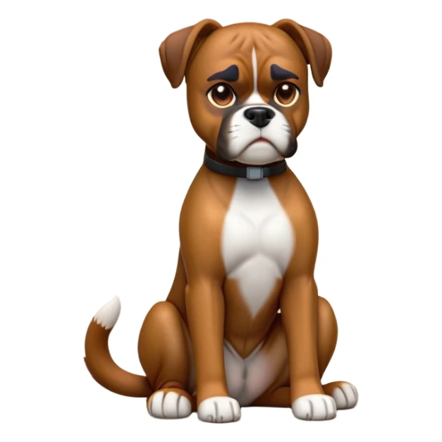 cinematic-[boxer dog]-realistic-full-body-sitting-emoji,-tail-resting-loosely-beside-its-paws,-head-tilted-dramatically,-sleek-[brown]-fur,-simplified-yet-realistic-focused-features,-highly-detailed,-glowing-with-an-almost-sarcastic-glow sticker