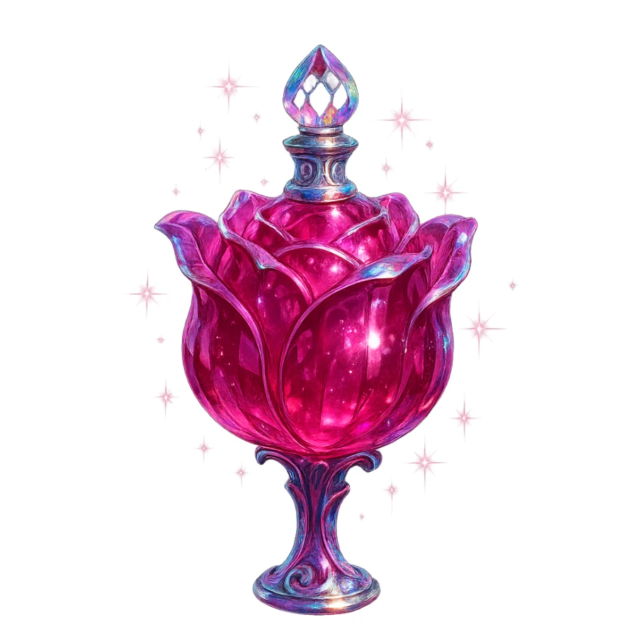 luxurious crystal elixir bottle in rose flower shape, deep pink color, ornate silver and iridescent details, magical glowing and sparkling effects, very small neck, seamless bottom, transparent background, bottle clearly floating in air, no base or shadow, modern, collection style sticker