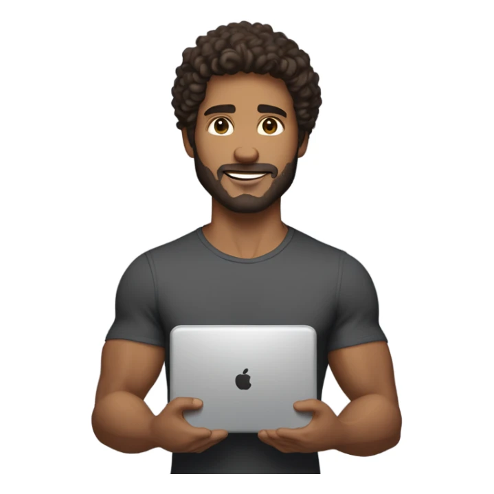men carrying a computer in his hands. light brown skin men with curly dark brown hair, brown eyes, little grown beard. imposing, muscular build. dressed casual. sticker