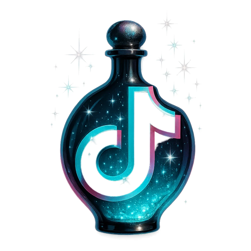 TikTok logo-shaped luxurious elixir bottle, black and cyan with pink accents, iridescent and silver details, extra intense magical glowing and sparkling effects, very small neck, seamless bottom, transparent background, floating, no base or shadow, modern, matching a collection sticker