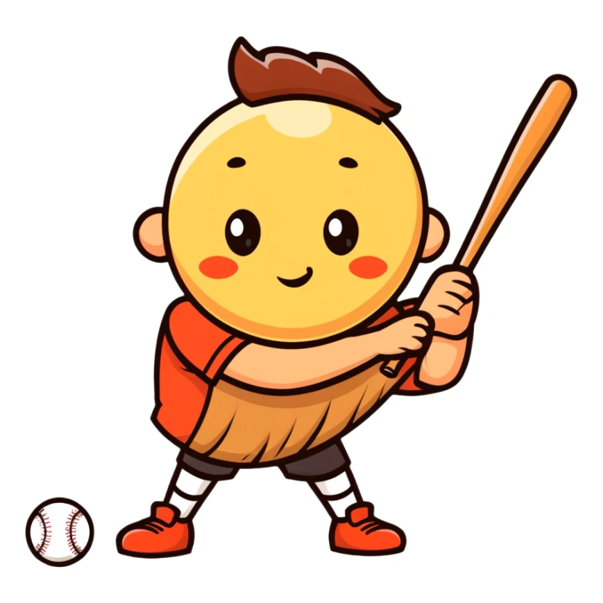 a wooden log with thin stick legs, cute cartoonish face, holding a baseball bat sticker