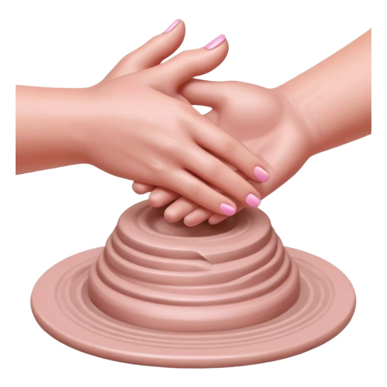 hands performing palm hug gesture on a pink mound of clay on a silver pottery wheel, gently hugging the clay to maintain moisture sticker