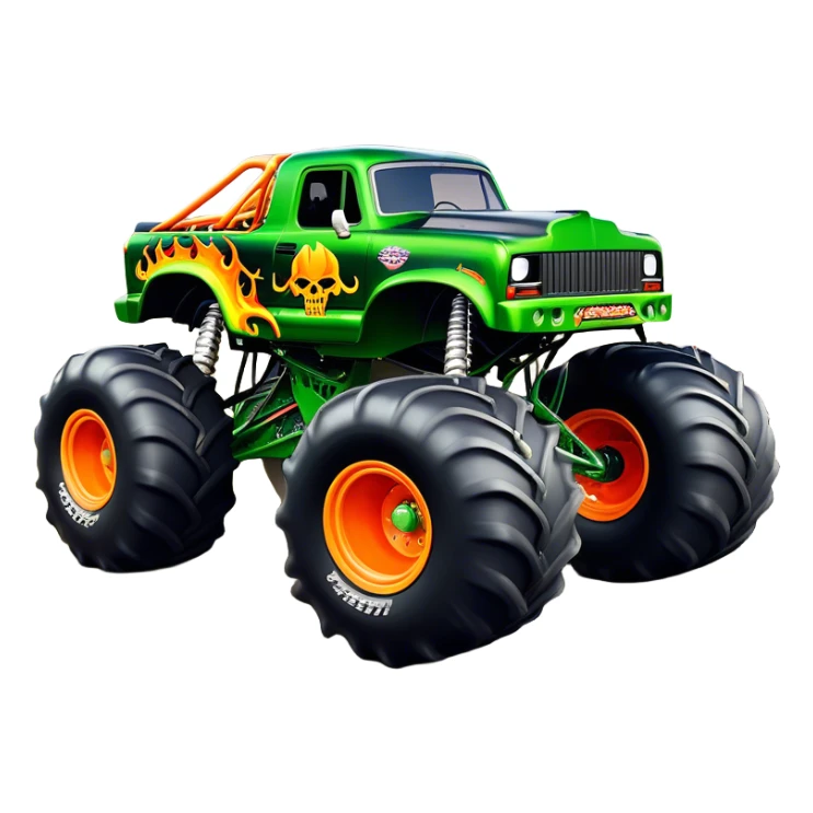 Grave Digger - Monster Jam (Model Year: 2022) (Iconic colour: Green with flames) - A legendary monster truck with a fearsome design: predominantly deep green with dynamic, vibrant flame graphics in bright orange and yellow. Highlight its rough, edgy bodywork and an aura of untamed rebellion. sticker
