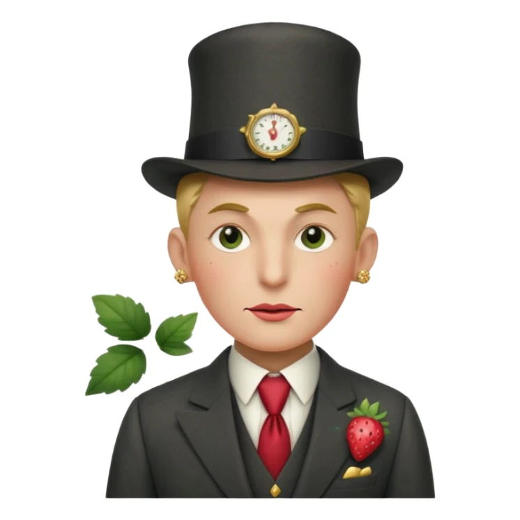 Pretentious cartoon strawberry in a tailored charcoal three‑piece suit, leaf‑cap styled like a pompadour, gold‑stud seeds, sugar‑glass monocle, licorice cane, smug expression; clean vector style, flat shading, cream background, rich crimson/forest‑green palette, 3/4 view, elegant lighting.
 sticker