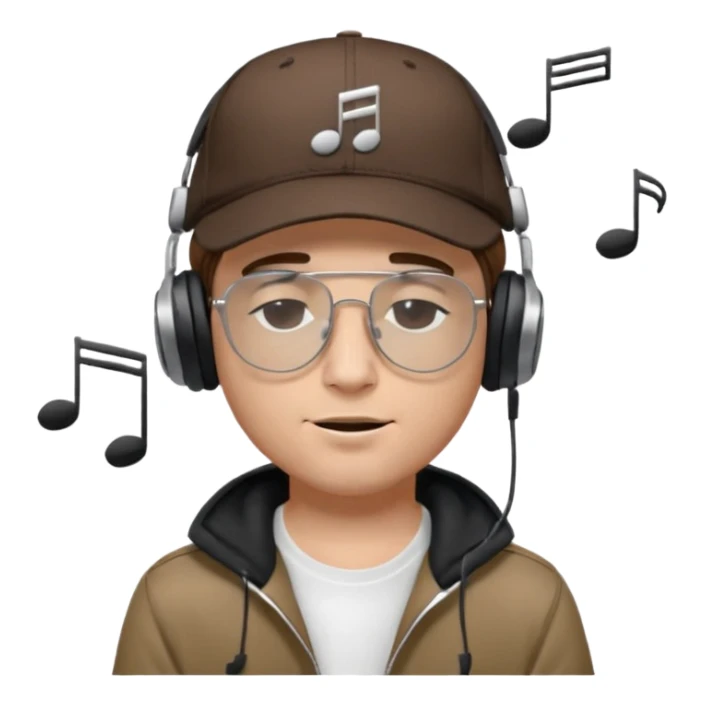 dj man white with baseball cap - rayban glasses - brown hair - closed eyes with headphones on with musical note over head (listening to music ) sticker