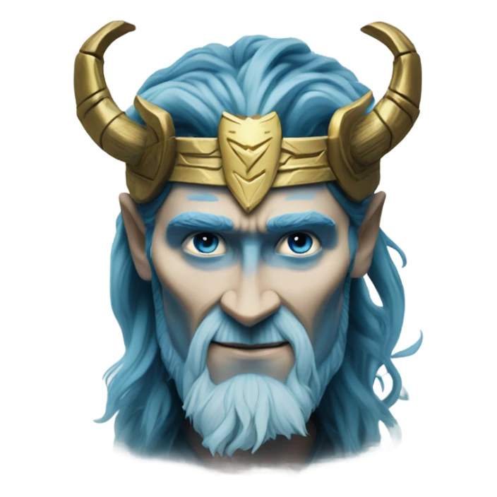 Frost giant Loki with tom Hiddleston face from Thor 1 blue skin with deeper blue runas on it, black hair, Gold crown with horns sticker