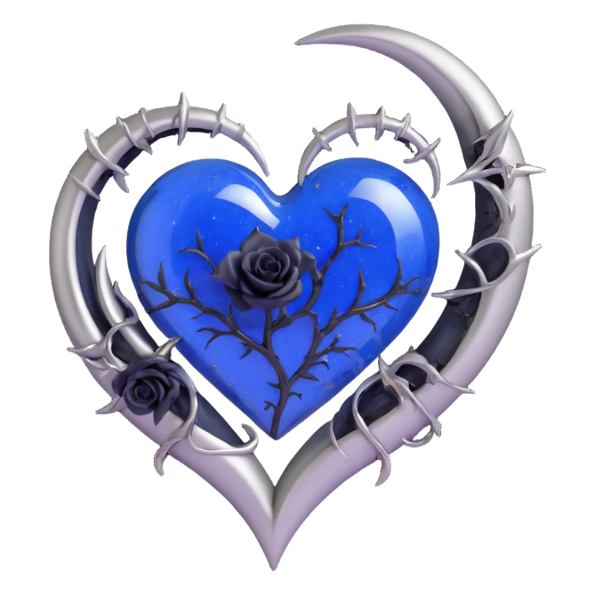 gothic heart in deep blue glass, featuring a silver crescent moon, black rose accents, sparkling stardust, lightning bolt crack, wet glossy finish, fractured glass details sticker