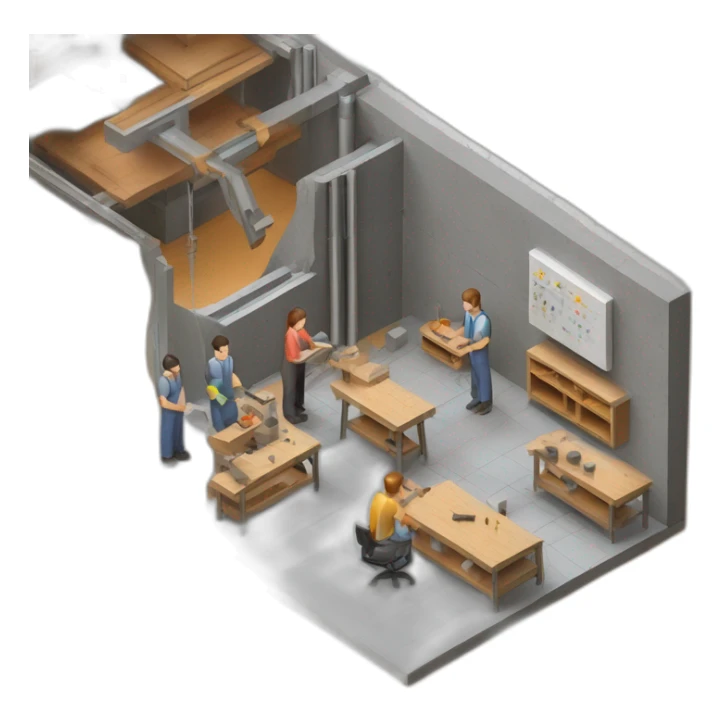 isometric teacher with student woodshop metalshop people teaching tools simple brutalist industrial makerspace concrete close up  sticker