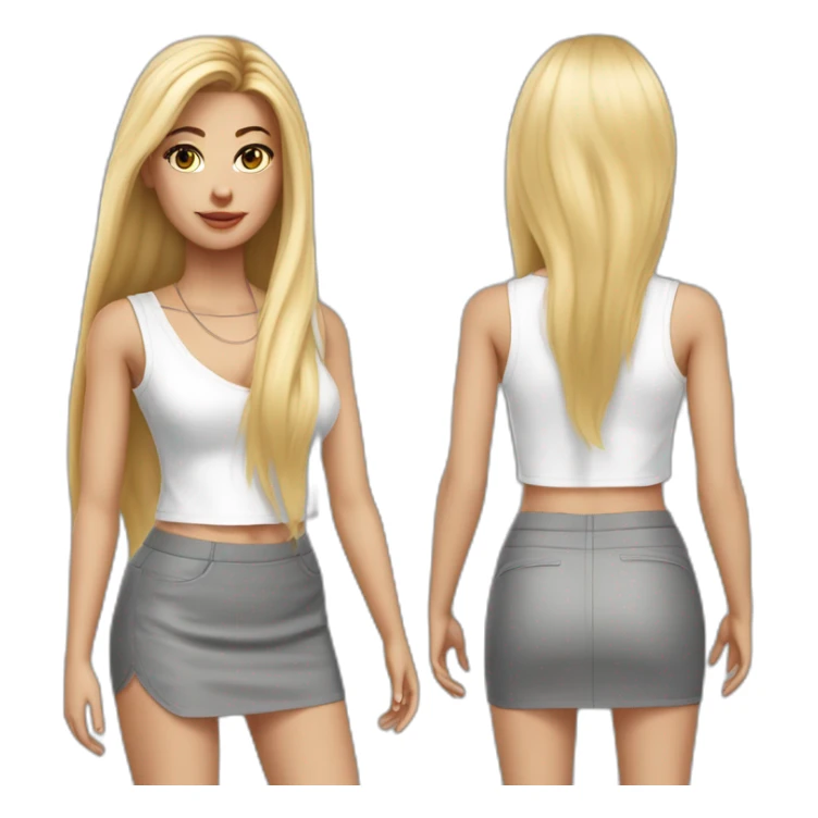 hyperrealistic caucasian blonde, long straight hair, white deep v-neck crop tanktop, gray tight mini skirt sticker