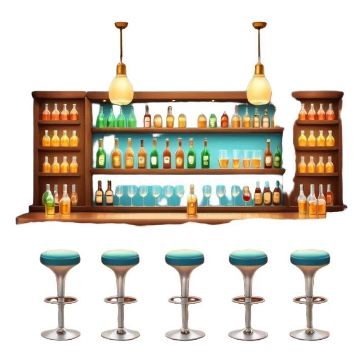 A 3D cartoon bar interior with bottles on glass shelves, counter lighting, high stools, and glowing drink glasses, warm ambient light, realistic Memoji-style. sticker