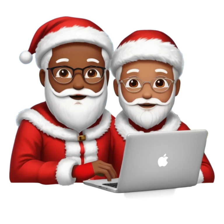 Jeune développeur homme de teint noir, assis devant un ordinateur portable affichant du code, dans une ambiance de week-end festive. À côté de lui se tient le Père Noël, souriant, portant sa tenue traditionnelle rouge et blanche.  sticker
