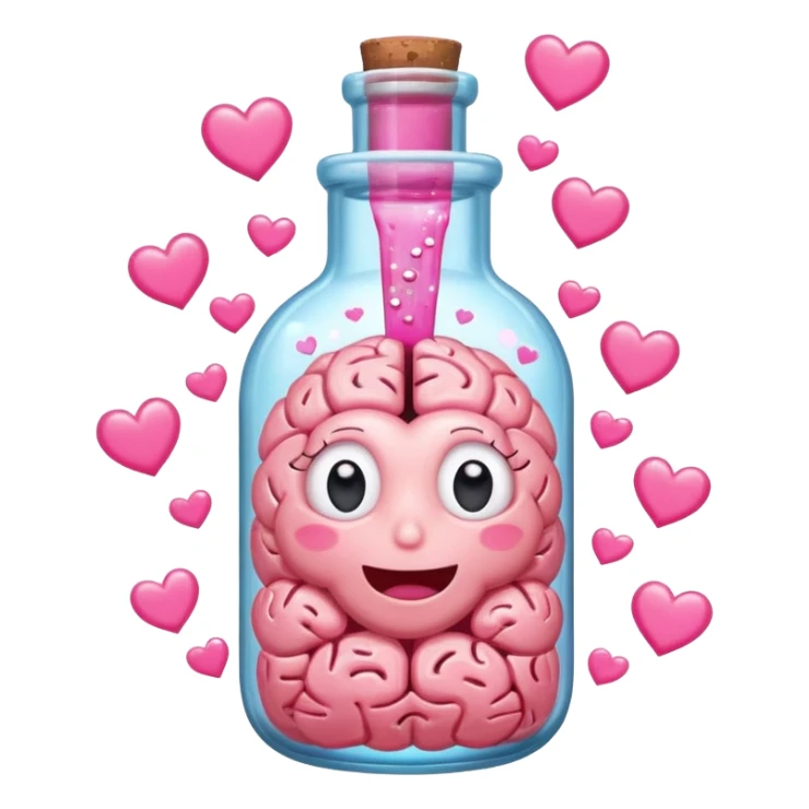 A cartoon brain inside a cute glass bottle with pink liquid, labeled “obsessed”, with hearts and sparkles swirling around. sticker