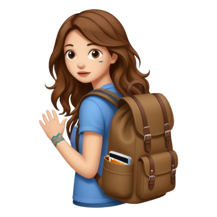 cute woman long wavy brown hair tattoos hiding in backpack sticker