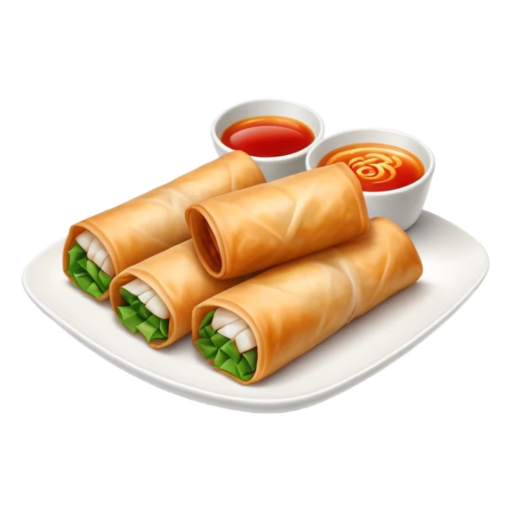 Spring Rolls Cinematic Realistic Spring Rolls Dish Emoji, depicted as 2 perfectly crisp spring rolls served with dipping sauce, rendered with lifelike textures and dynamic, appetizing lighting. sticker