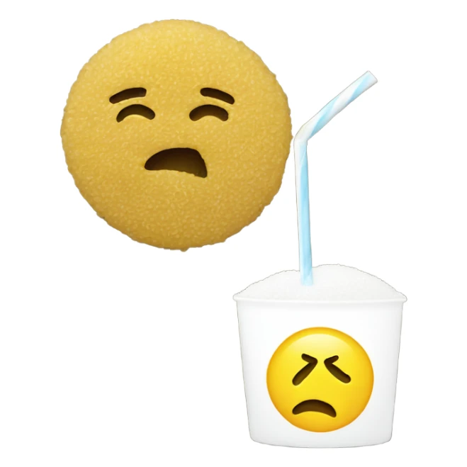 Yellow emoji with sugar on nose and on table in front with straw sticker