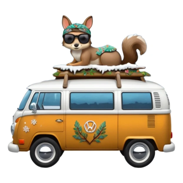 A parked VW bus painted white and black and fill with different 3d crystals and 3d crystals secured to roof surrounded by winter scenery with squirrels, birds, rabbits, wolves and a brunette hippie with a headband and sunglasses in drivers seat sticker