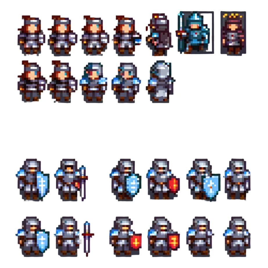 pixel art sprite sheet of a knight idle and walking animation frames 8-bit NES style sticker