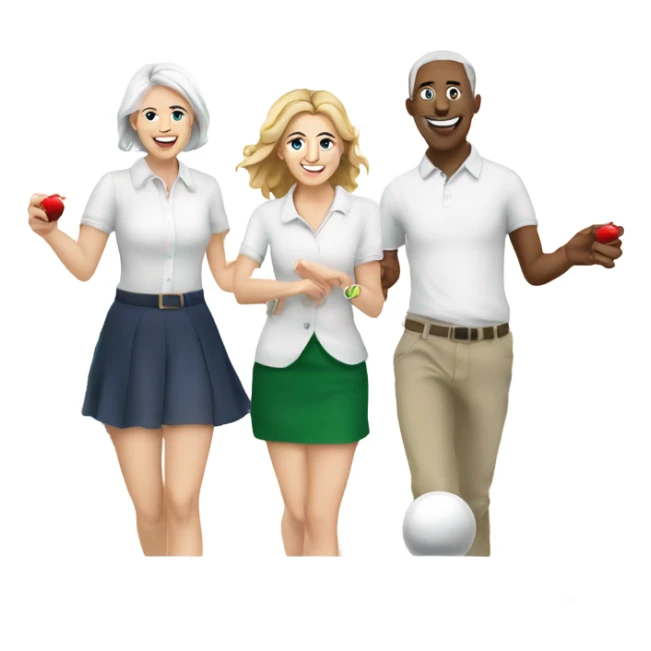Create an image on white friends two male and two female all white playing ground shuffleboard with tangs in hand celebrating Christmas  sticker