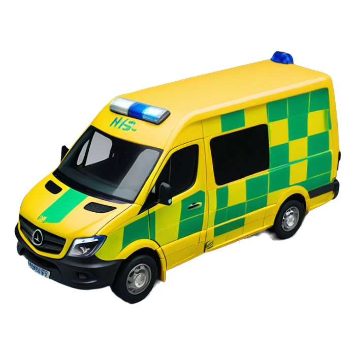 NHS Mercedez sprinter ambulance, yellow body, with green and yellow checkerboard print along the bottom. NHS logo on the side. Blue flashing light strip along top sticker