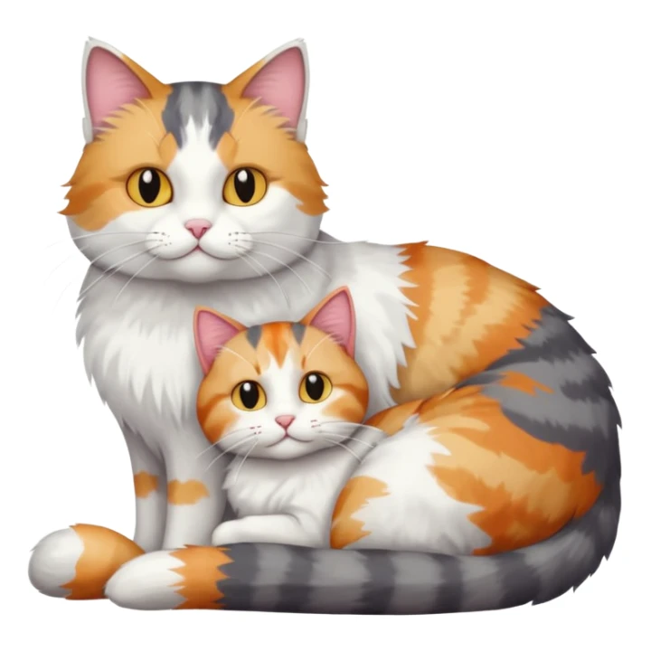 full body colourful light patched calico + white tabby cat cuddling a large grey and white cat  sticker