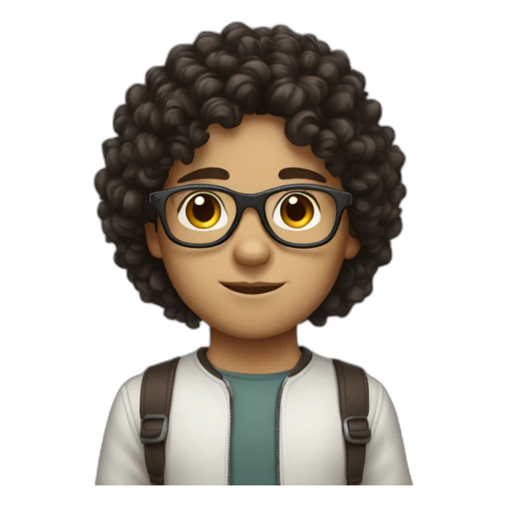 boy with dark brown curly hair, glasses and white sticker
