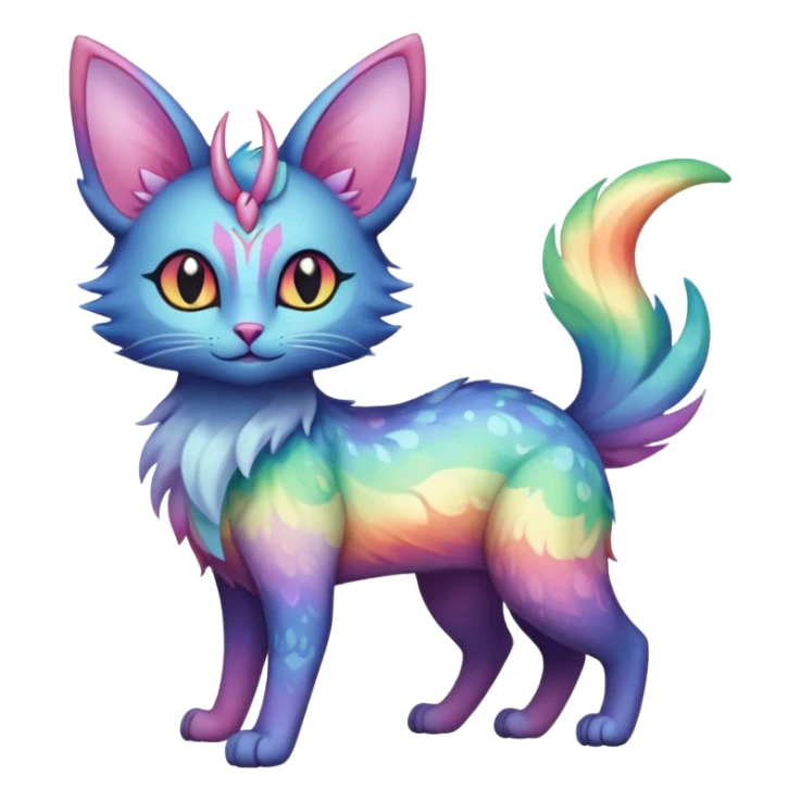 White pastel iridescent rainbow-gradients-color-marked with swirly patterns butterflies  faerie-Noivern-Noibat-Purloin-Torracat-Lykoi-Caracal-cat-Fakemon-fusion-hybrid-creature sticker