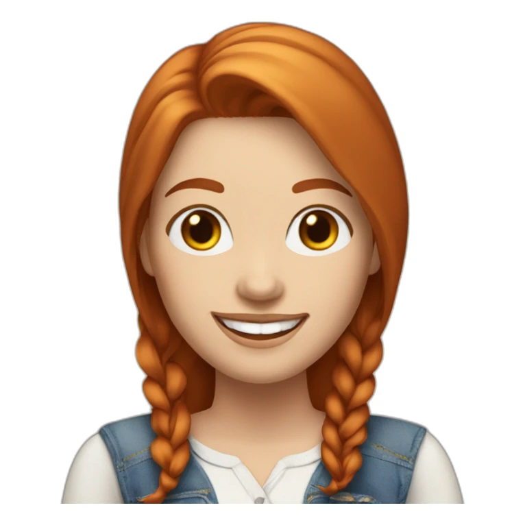 redhead white woman with medium long straight hair, greets smiling, with jeans and romantic blouse sticker