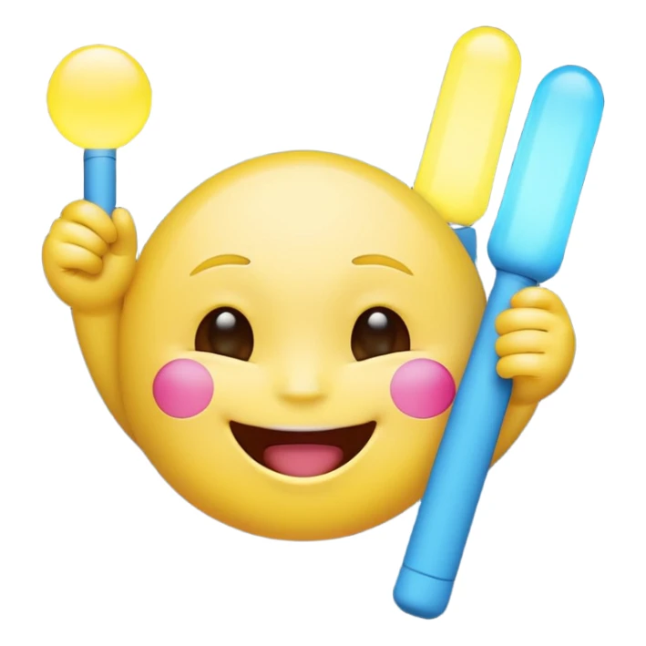 An excited yellow emoji face with closed smiling eyes and blushing cheeks, cheering enthusiastically while holding up two glow sticks (one blue, one pink). It represents high energy, fandom, and celebration. sticker