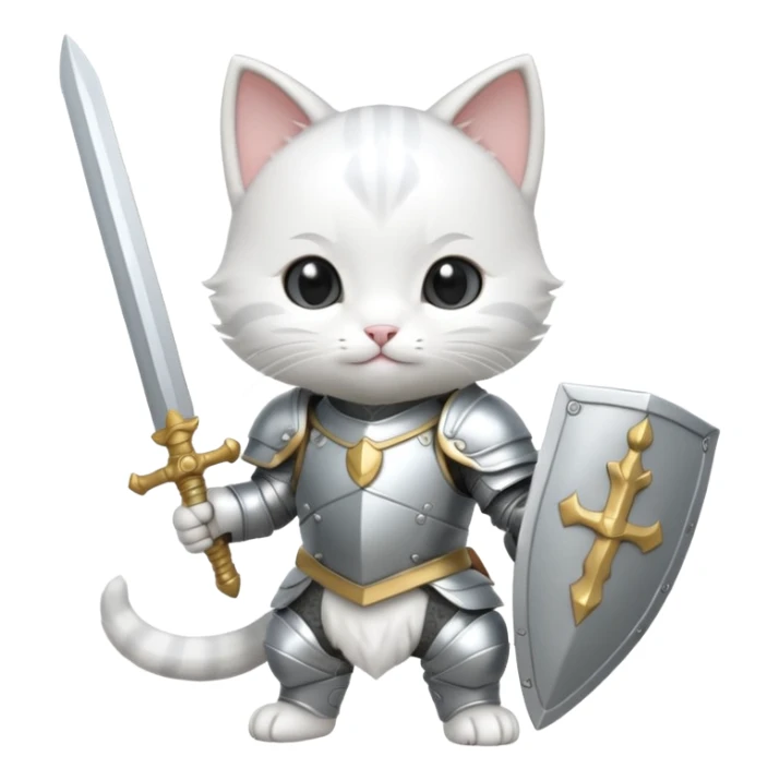 baby chibi white cat in silver armor, full body, smile, hold sword sticker