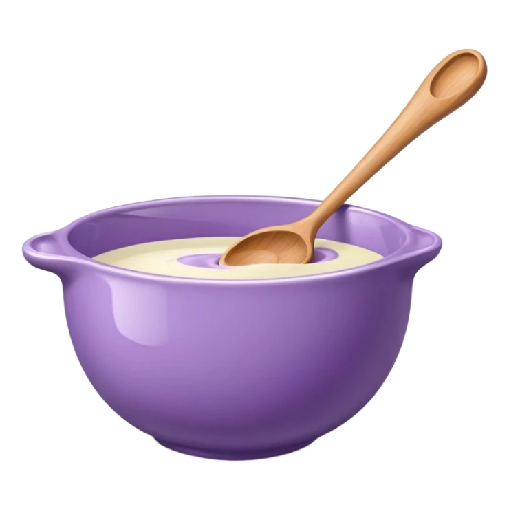 a lilac ceramic mixing bowl with a wooden spoon stirring sticker
