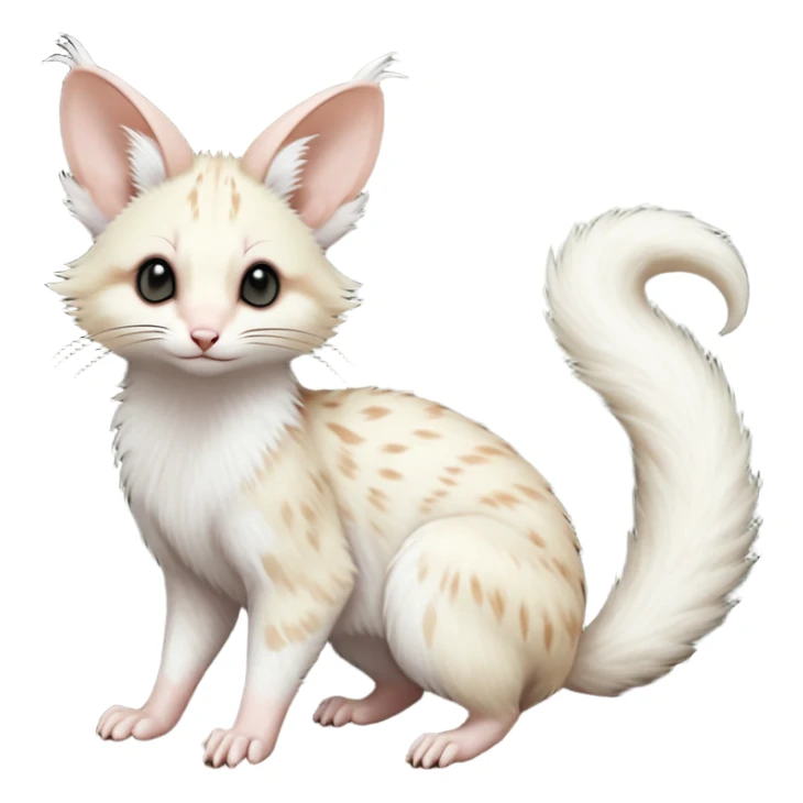 Albino-white, soft natural realistic romantic vintage antique divine beautiful elegant pretty precious cute young youthful  Fakémon-Pokémon-opossum-feline-mouse-serval-caracal-chinchilla-Minccino-Cinccino-Meowstic-rodent-hybrid-creature with a big fluffy bushy tail (full body) sticker
