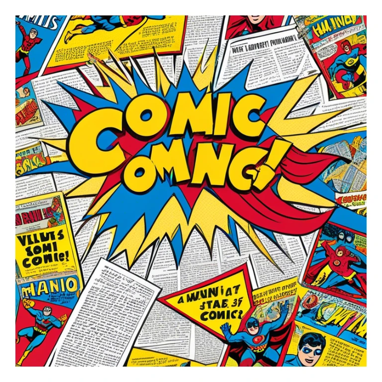 Create a vibrant emoji representing comic books and graphic novels. The design should feature a large, open comic book or vintage comic magazine with pages displaying classic comic art, with text. The comic pages should have bold, dynamic panels and action scenes. Include a pencil writing on the pages, but without a hand, to symbolize the artistic creation of comics. Use bright colors like red, blue, and yellow, with a retro feel to the design. Make the background transparent. sticker