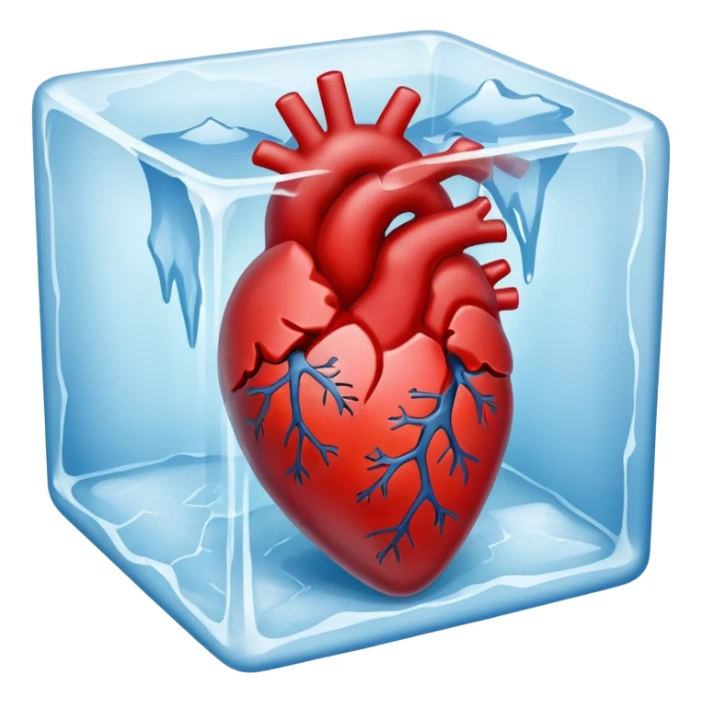A realistic human heart completely frozen, trapped inside a clear ice cube sticker