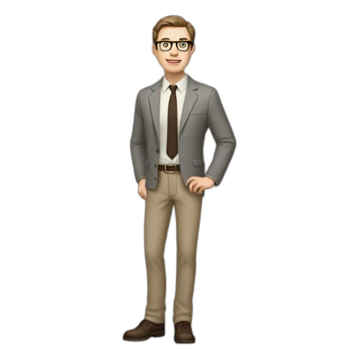 Full height Actively Gesturing Pale skinned fit man with dark brown hair in gray jacket, beige office shirt, brown tie, brown pants and vintage glasses. sticker