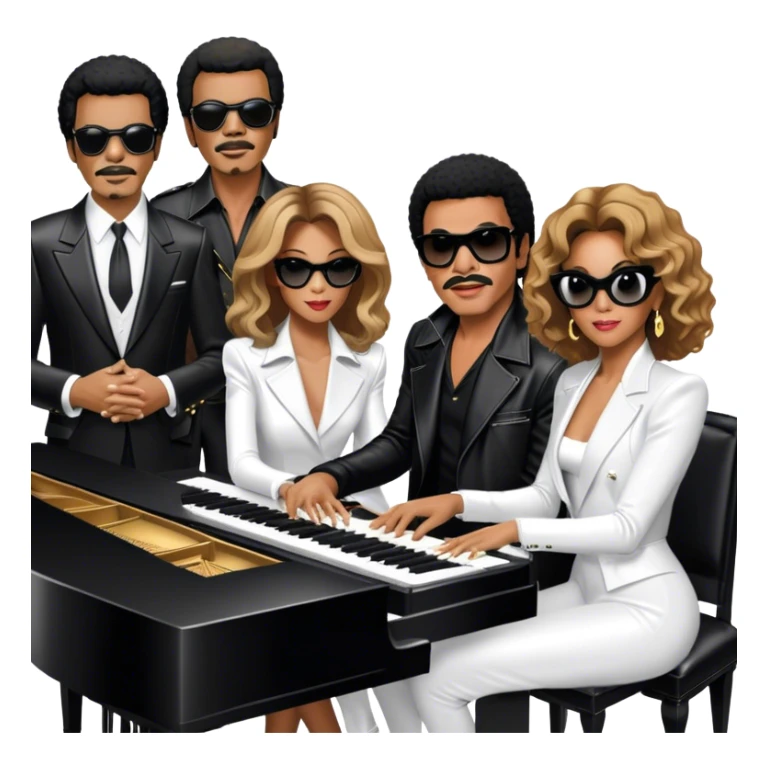 Michael Jackson in his black leather jacket, Beyoncé in a glamorous stage outfit, Lionel Richie in his classic look, Whitney Houston in her famous dress, and Ray Charles in black glasses sitting at a piano. Transparent background. sticker